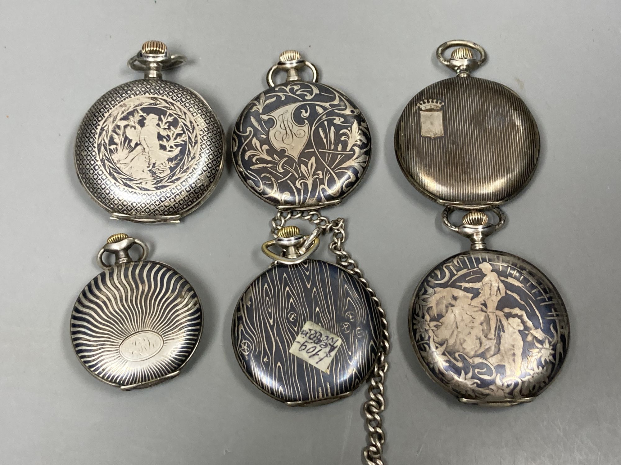A German 800 standard and niello open face pocket watch and five other niello decorated pocket watches.